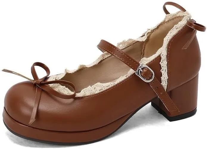 Women Lolita Bow Platform Pumps Block Heels with Belt Buckles Lace