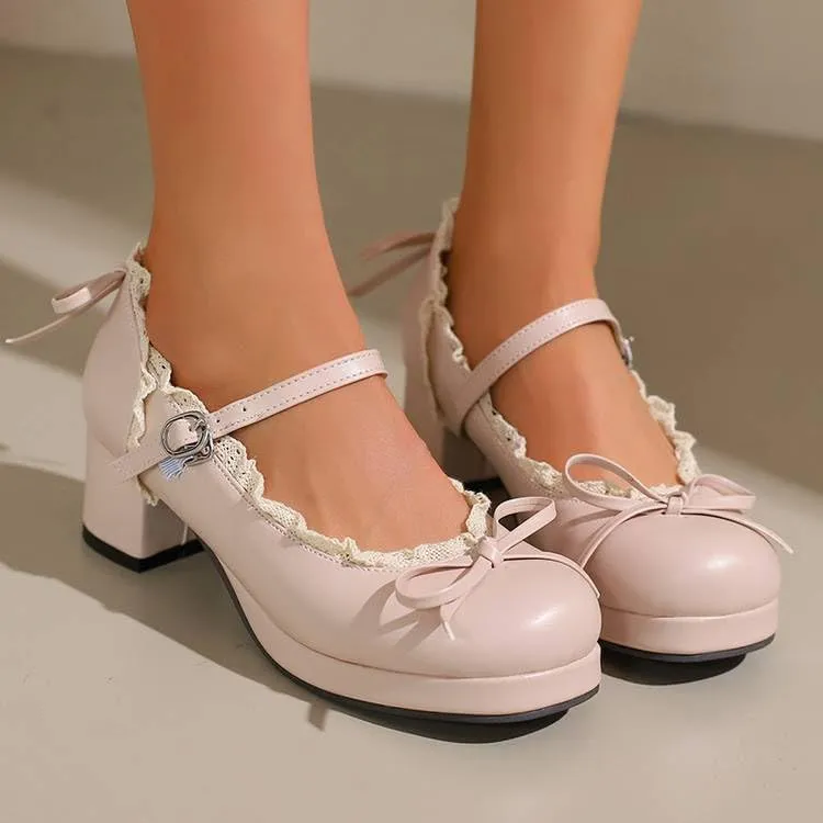 Women Lolita Bow Platform Pumps Block Heels with Belt Buckles Lace