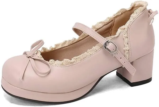 Women Lolita Bow Platform Pumps Block Heels with Belt Buckles Lace