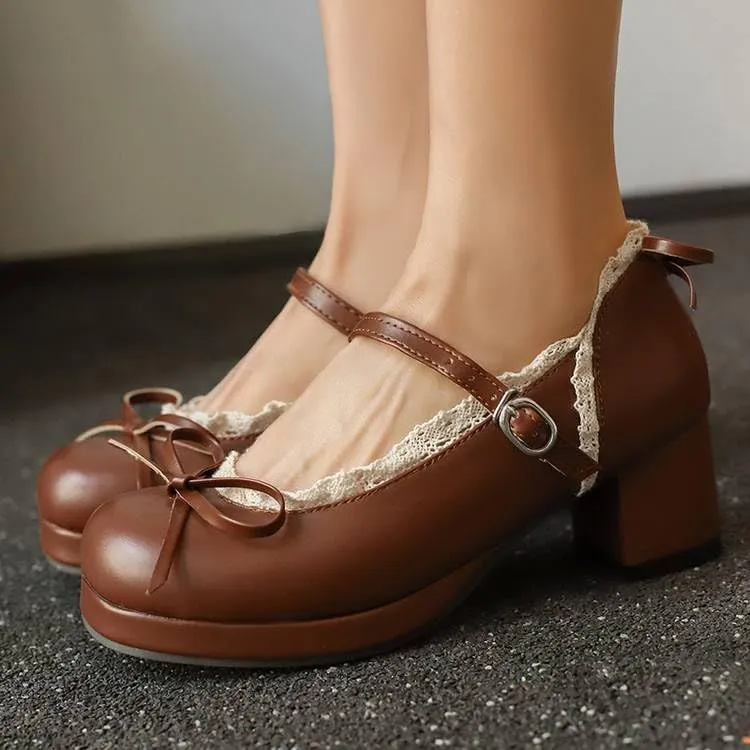 Women Lolita Bow Platform Pumps Block Heels with Belt Buckles Lace