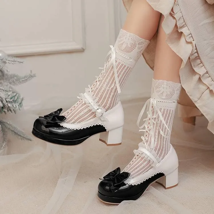 Women Lolita Bowtie Mary Jane Pumps Block Heels with Lace