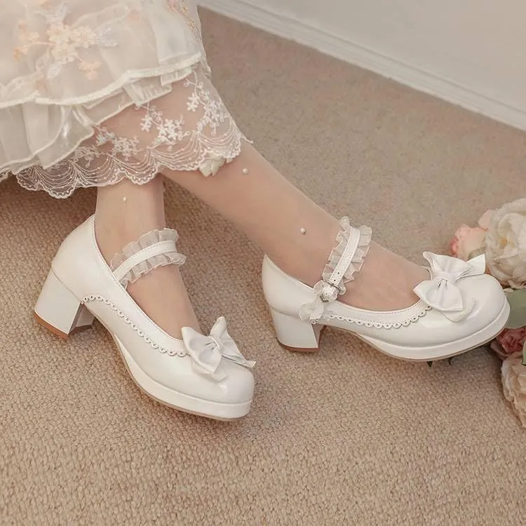 Women Lolita Bowtie Mary Jane Pumps Block Heels with Lace