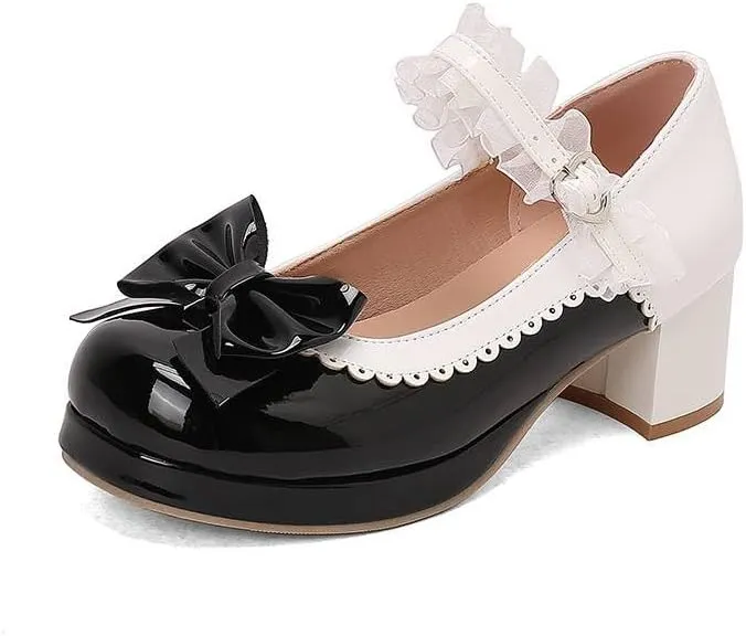 Women Lolita Bowtie Mary Jane Pumps Block Heels with Lace
