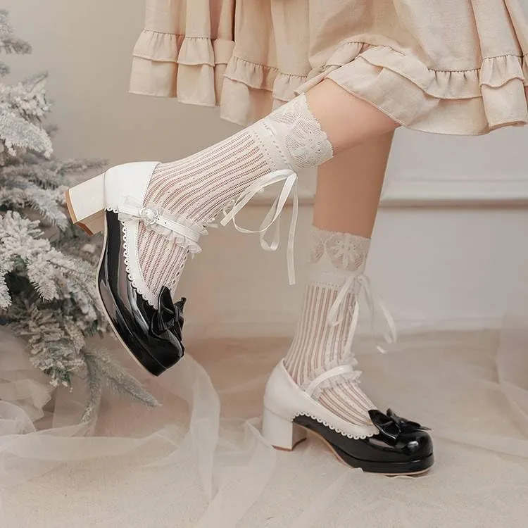 Women Lolita Bowtie Mary Jane Pumps Block Heels with Lace