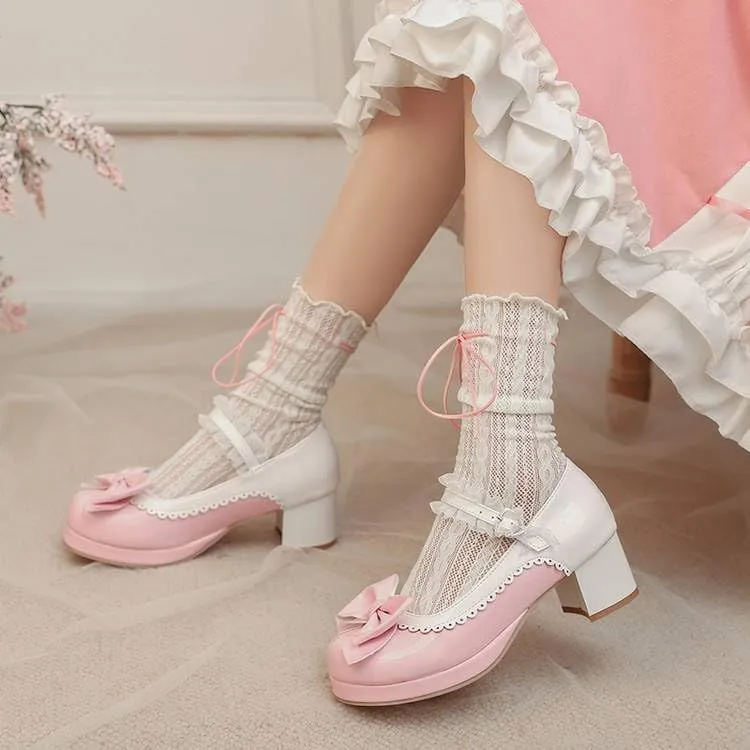 Women Lolita Bowtie Mary Jane Pumps Block Heels with Lace