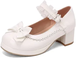 Women Lolita Bowtie Mary Jane Pumps Block Heels with Lace