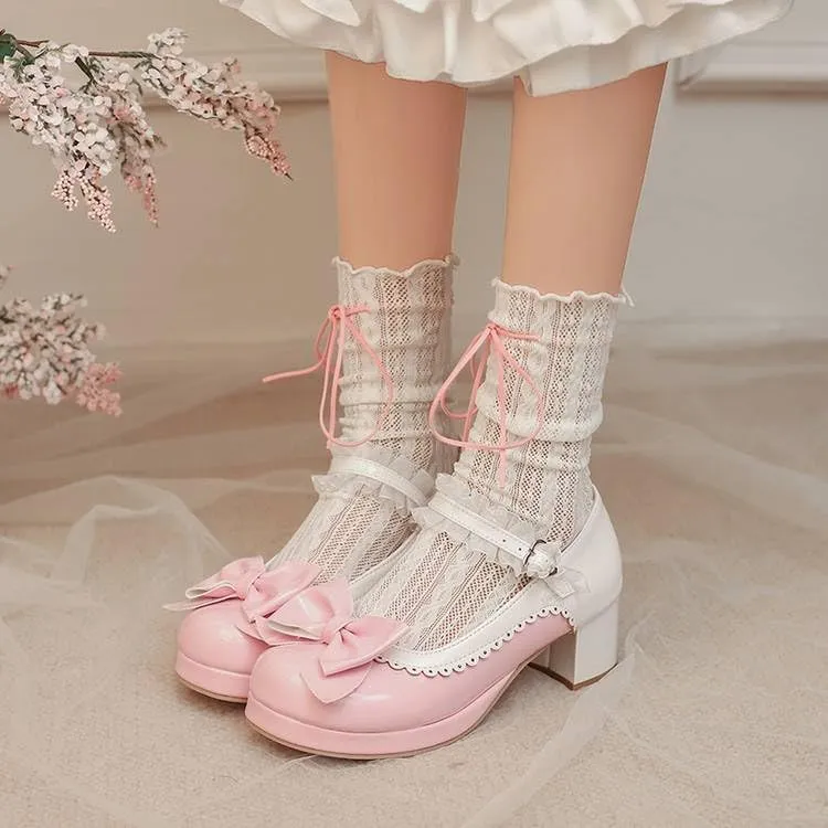 Women Lolita Bowtie Mary Jane Pumps Block Heels with Lace