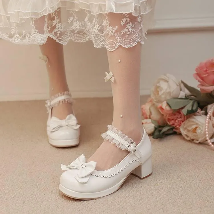 Women Lolita Bowtie Mary Jane Pumps Block Heels with Lace