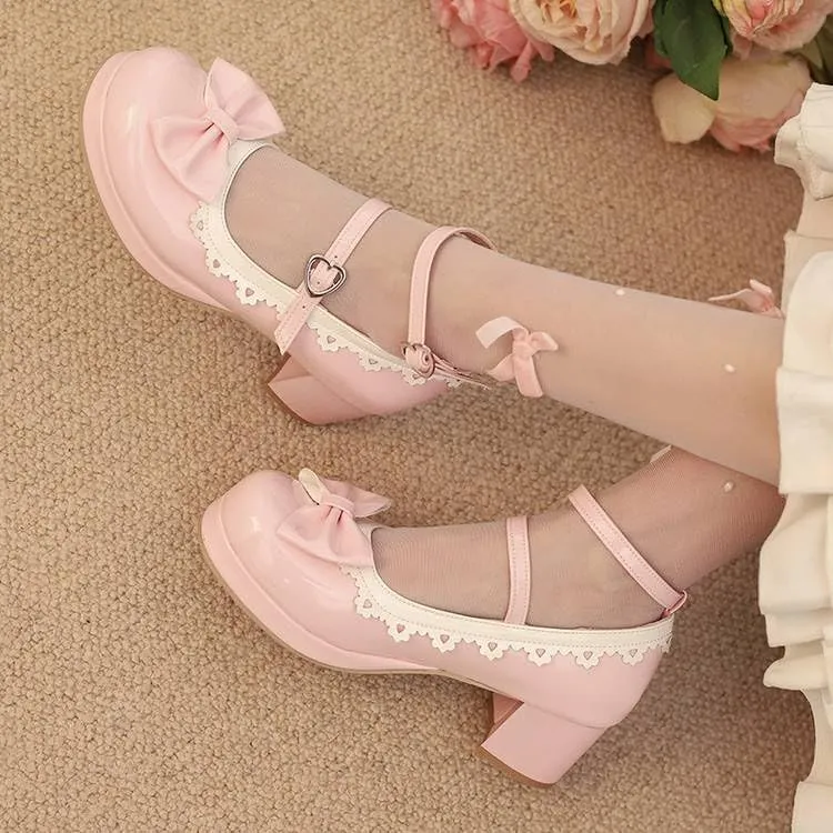 Women Lolita Bowtie Platform Mary Jane Pumps Block Heels with Belt Buckles
