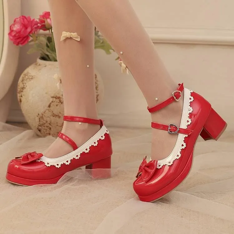 Women Lolita Bowtie Platform Mary Jane Pumps Block Heels with Belt Buckles