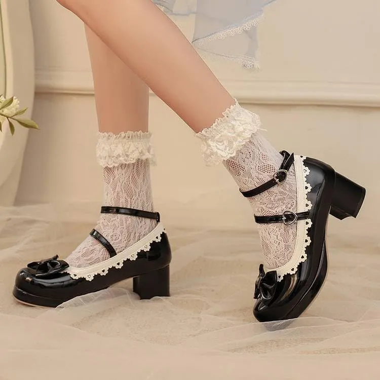 Women Lolita Bowtie Platform Mary Jane Pumps Block Heels with Belt Buckles