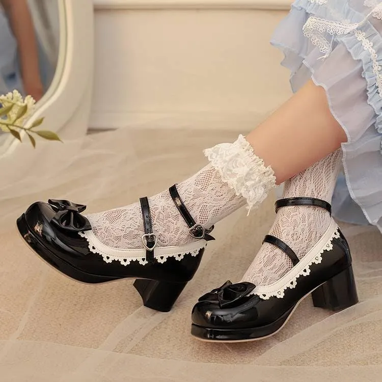 Women Lolita Bowtie Platform Mary Jane Pumps Block Heels with Belt Buckles