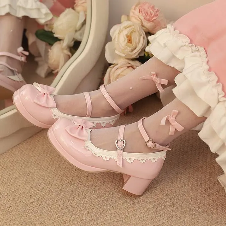 Women Lolita Bowtie Platform Mary Jane Pumps Block Heels with Belt Buckles