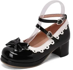 Women Lolita Bowtie Platform Mary Jane Pumps Block Heels with Belt Buckles
