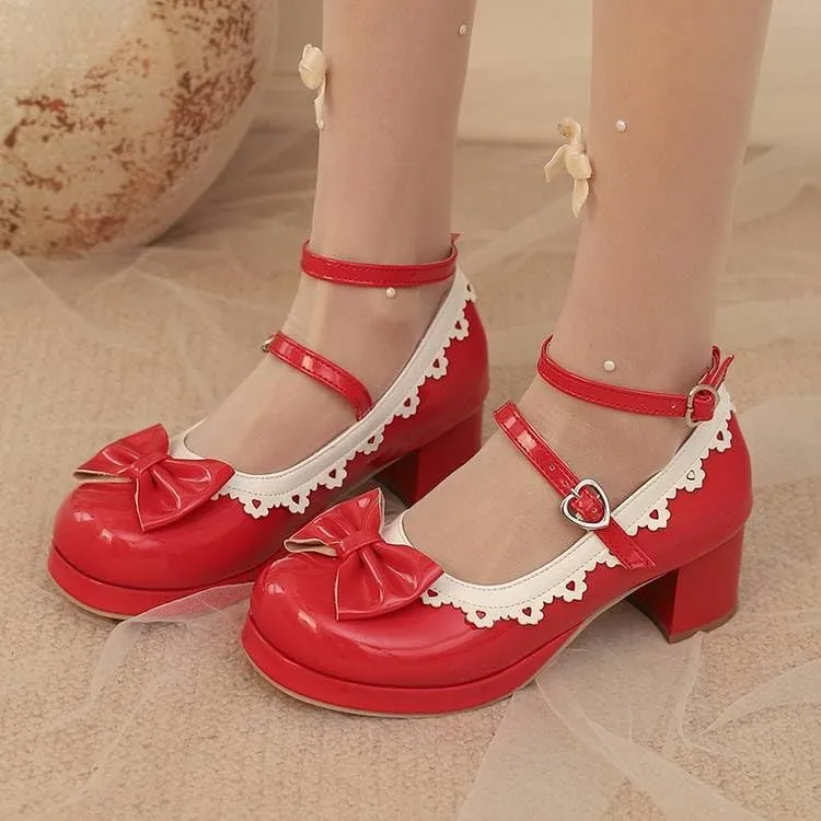 Women Lolita Bowtie Platform Mary Jane Pumps Block Heels with Belt Buckles