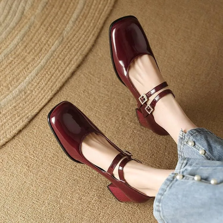 Women Mary Jane Pumps Glossy Patent Square Toe Block Heels with Belt Buckles