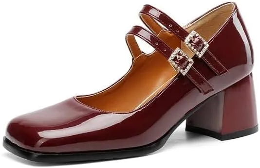 Women Mary Jane Pumps Glossy Patent Square Toe Block Heels with Belt Buckles