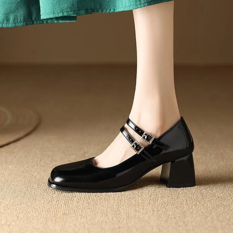 Women Mary Jane Pumps Glossy Patent Square Toe Block Heels with Belt Buckles