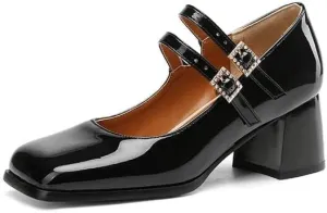 Women Mary Jane Pumps Glossy Patent Square Toe Block Heels with Belt Buckles