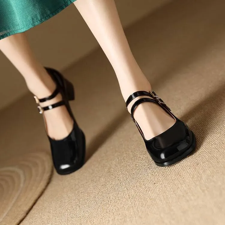 Women Mary Jane Pumps Glossy Patent Square Toe Block Heels with Belt Buckles
