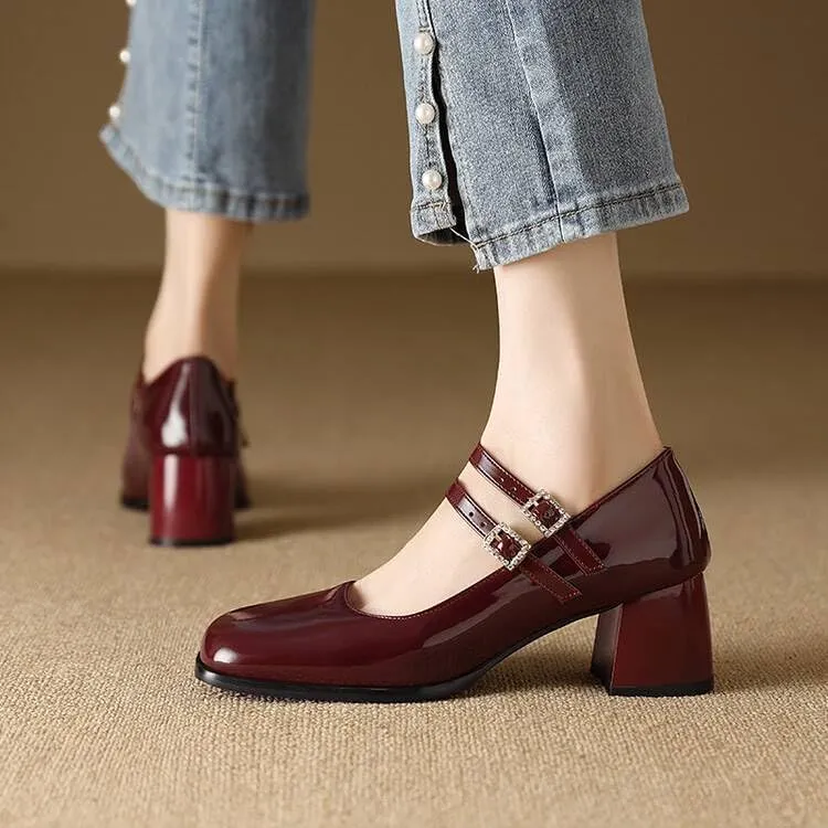 Women Mary Jane Pumps Glossy Patent Square Toe Block Heels with Belt Buckles