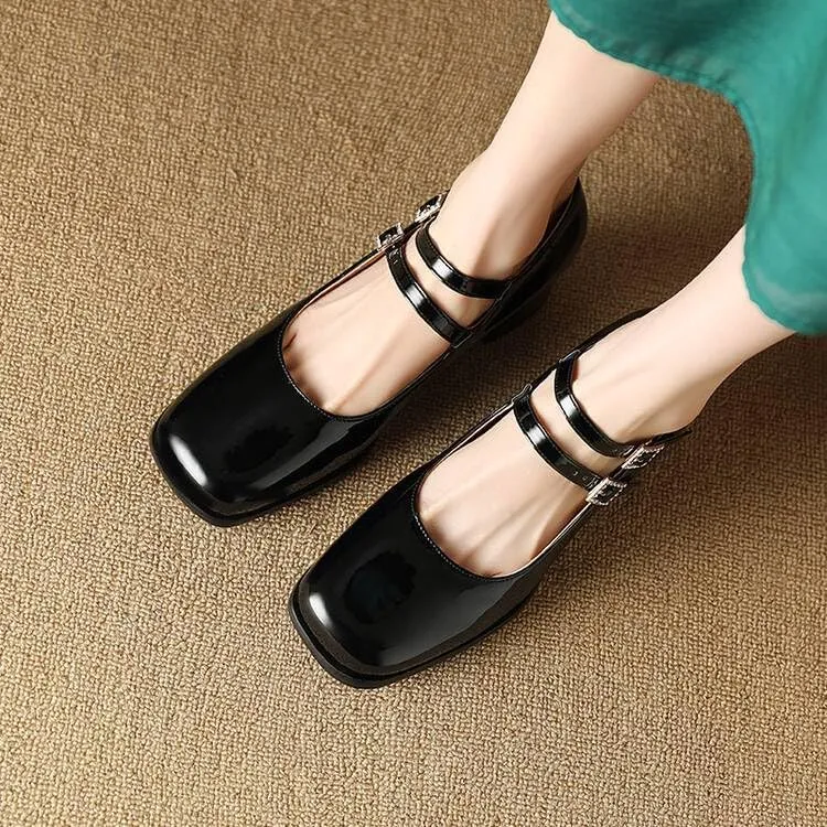 Women Mary Jane Pumps Glossy Patent Square Toe Block Heels with Belt Buckles