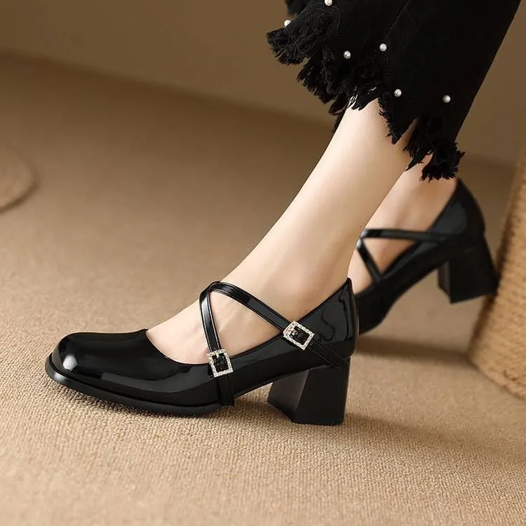 Women Mary Jane Pumps Glossy Patent Square Toe Block Heels with Belt Buckles