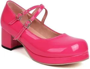 Women Mary Jane Pumps Glossy Patent Square Toe Block Heels with Cross Belt Buckles