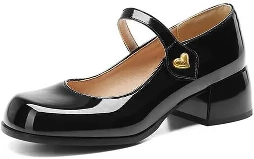 Women Mary Jane Pumps Glossy Patent Square Toe Block Heels with Love Heart Belt
