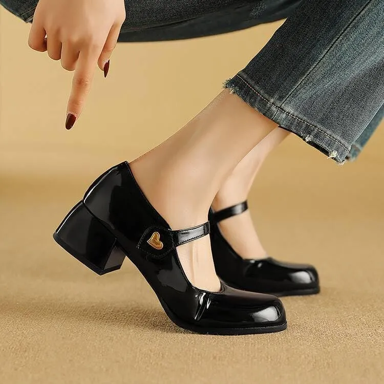 Women Mary Jane Pumps Glossy Patent Square Toe Block Heels with Love Heart Belt