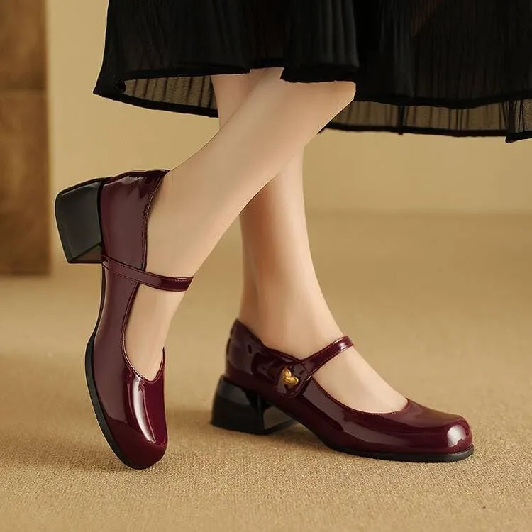 Women Mary Jane Pumps Glossy Patent Square Toe Block Heels with Love Heart Belt