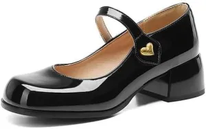 Women Mary Jane Pumps Glossy Patent Square Toe Block Heels with Love Heart Belt