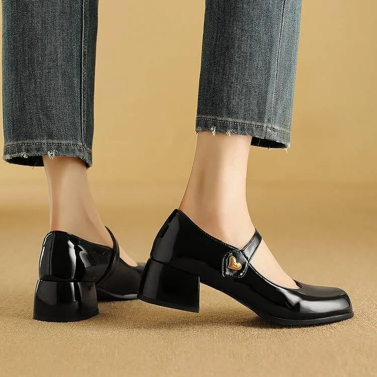 Women Mary Jane Pumps Glossy Patent Square Toe Block Heels with Love Heart Belt