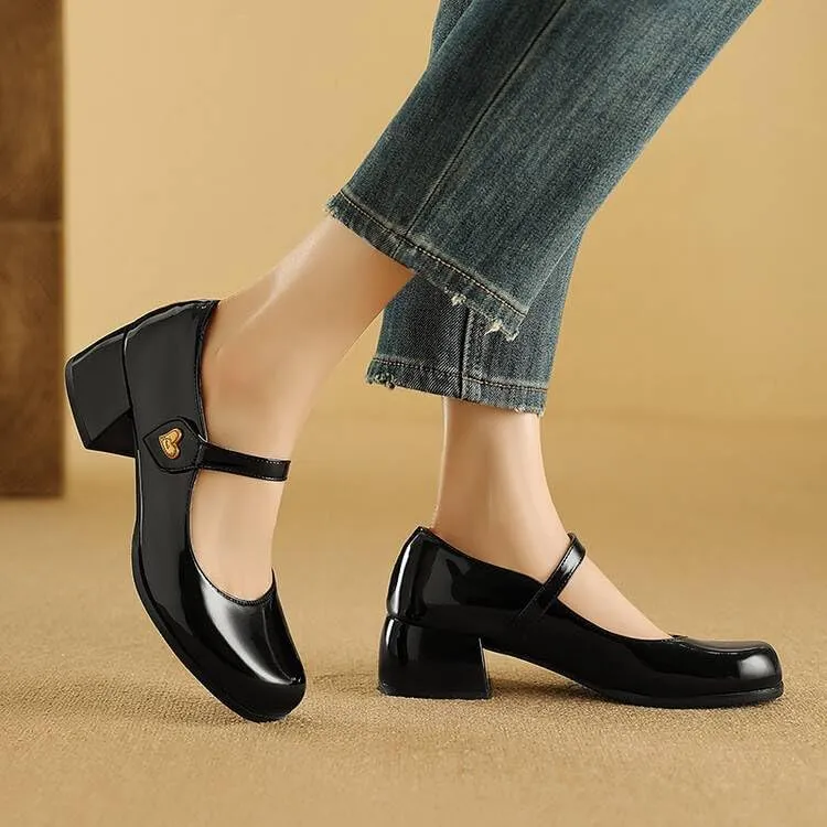 Women Mary Jane Pumps Glossy Patent Square Toe Block Heels with Love Heart Belt