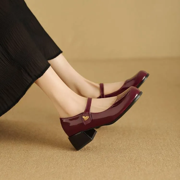 Women Mary Jane Pumps Glossy Patent Square Toe Block Heels with Love Heart Belt