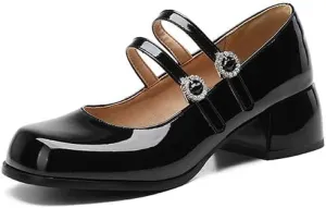 Women Mary Jane Pumps Glossy Patent Square Toe Block Heels with Rhinestones Belt Buckles
