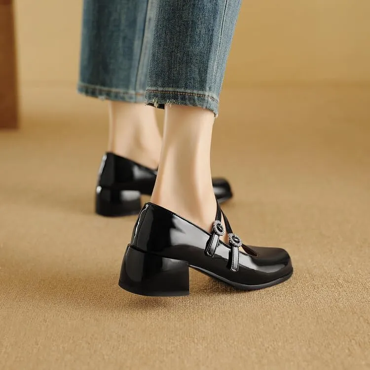 Women Mary Jane Pumps Glossy Patent Square Toe Block Heels with Rhinestones Belt Buckles