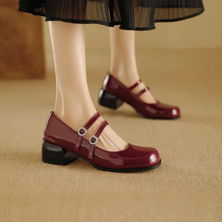 Women Mary Jane Pumps Glossy Patent Square Toe Block Heels with Rhinestones Belt Buckles