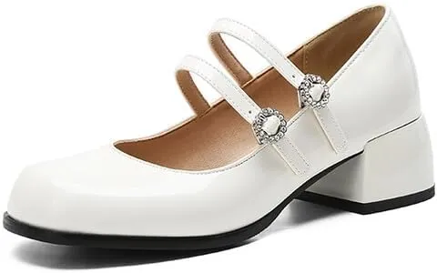 Women Mary Jane Pumps Glossy Patent Square Toe Block Heels with Rhinestones Belt Buckles