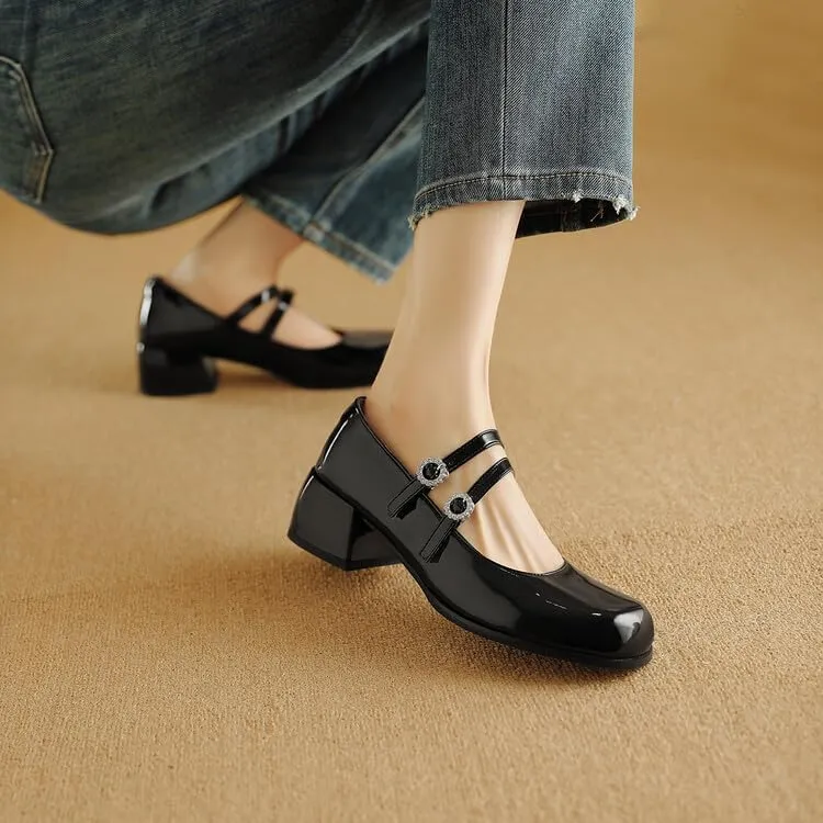 Women Mary Jane Pumps Glossy Patent Square Toe Block Heels with Rhinestones Belt Buckles