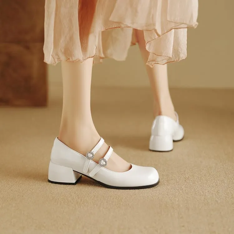 Women Mary Jane Pumps Glossy Patent Square Toe Block Heels with Rhinestones Belt Buckles