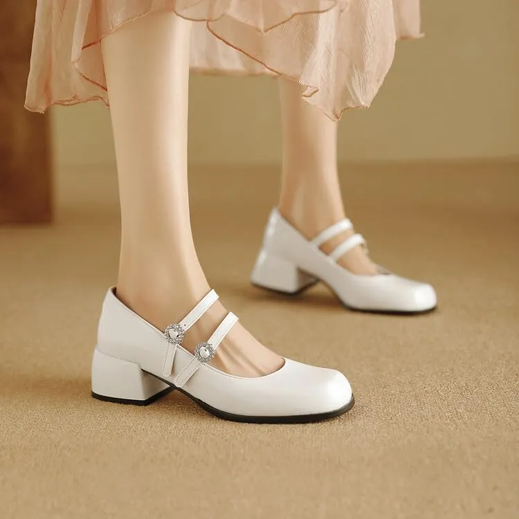 Women Mary Jane Pumps Glossy Patent Square Toe Block Heels with Rhinestones Belt Buckles