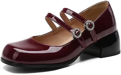Women Mary Jane Pumps Glossy Patent Square Toe Block Heels with Rhinestones Belt Buckles