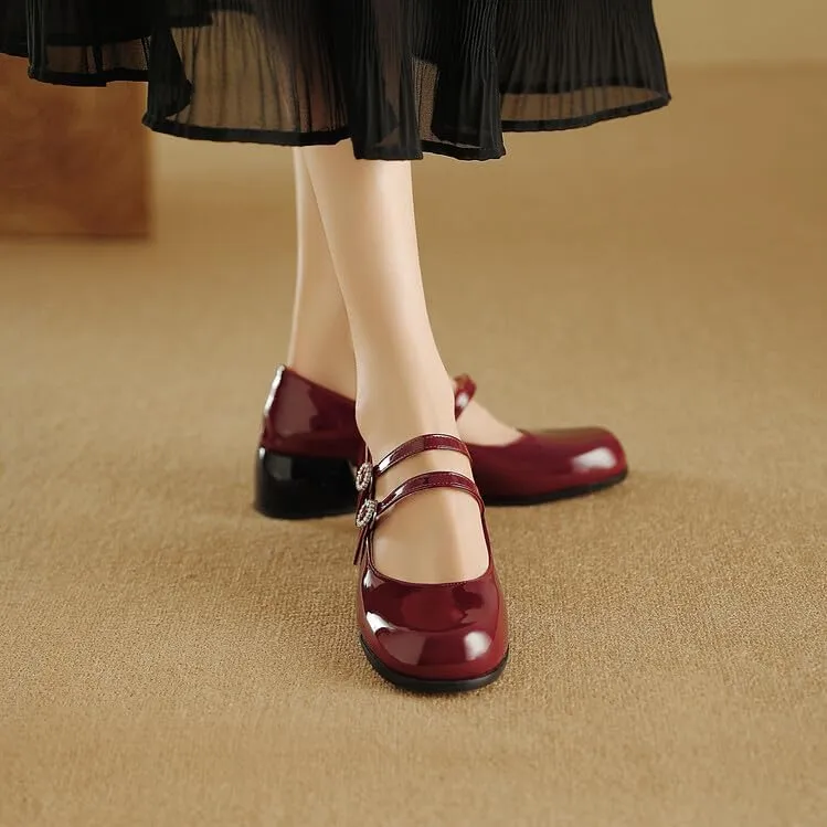 Women Mary Jane Pumps Glossy Patent Square Toe Block Heels with Rhinestones Belt Buckles
