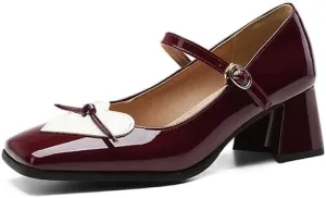 Women Mary Jane Pumps Glossy Patent Square Toe Flare Heels with Love Heart
