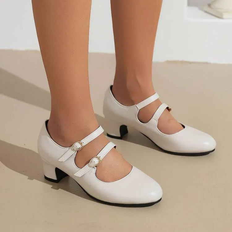 Women Mary Jane Pumps Oxford Shoes Round Toe Low Block Heels with Belt Buckles