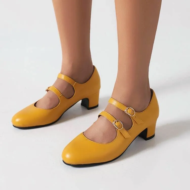 Women Mary Jane Pumps Oxford Shoes Round Toe Low Block Heels with Belt Buckles