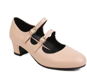 Women Mary Jane Pumps Oxford Shoes Round Toe Low Block Heels with Belt Buckles