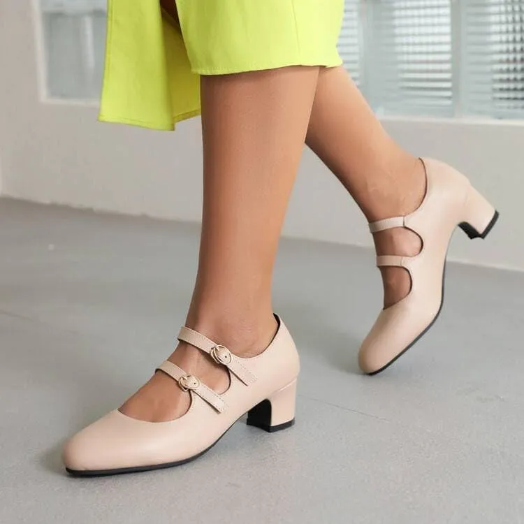 Women Mary Jane Pumps Oxford Shoes Round Toe Low Block Heels with Belt Buckles
