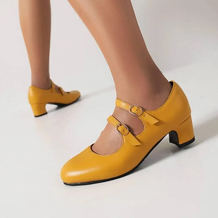 Women Mary Jane Pumps Oxford Shoes Round Toe Low Block Heels with Belt Buckles